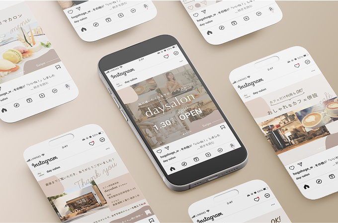 モックアップ画像：カフェ併設美容院「day salon」投稿画面