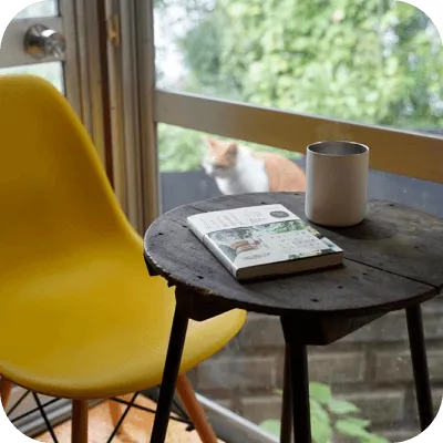 写真:テーブルの上にコーヒーと本が置いてあります。奥に猫がいます。